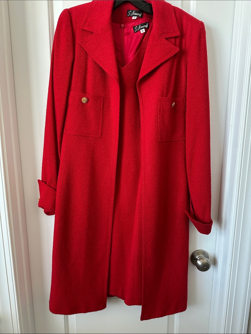Bright Red Long Wool Coat with Gold Buttons with sleeveless Dress